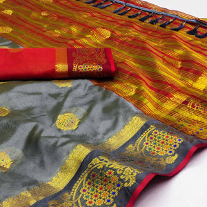 Grey Floral Woven Organza Saree With Tassels