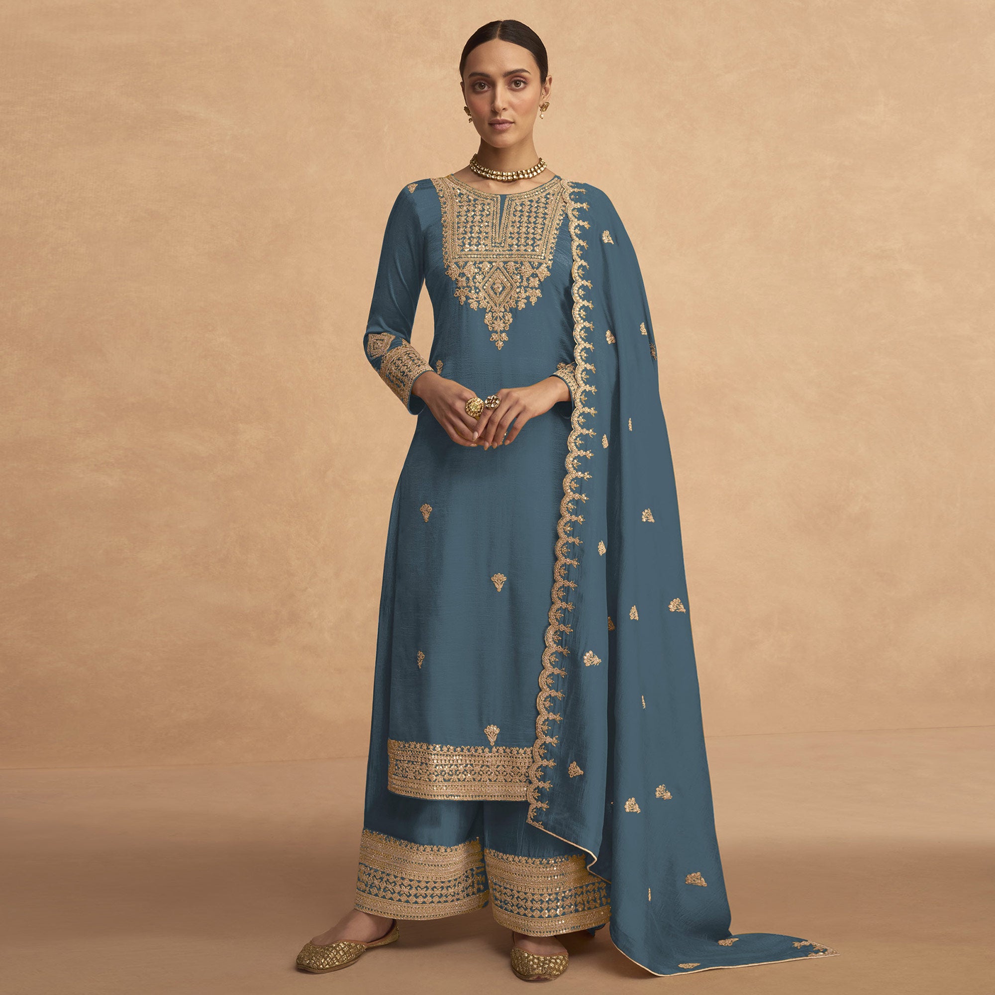 Stone Blue Sequins Embroidered Georgette Palazzo Suit