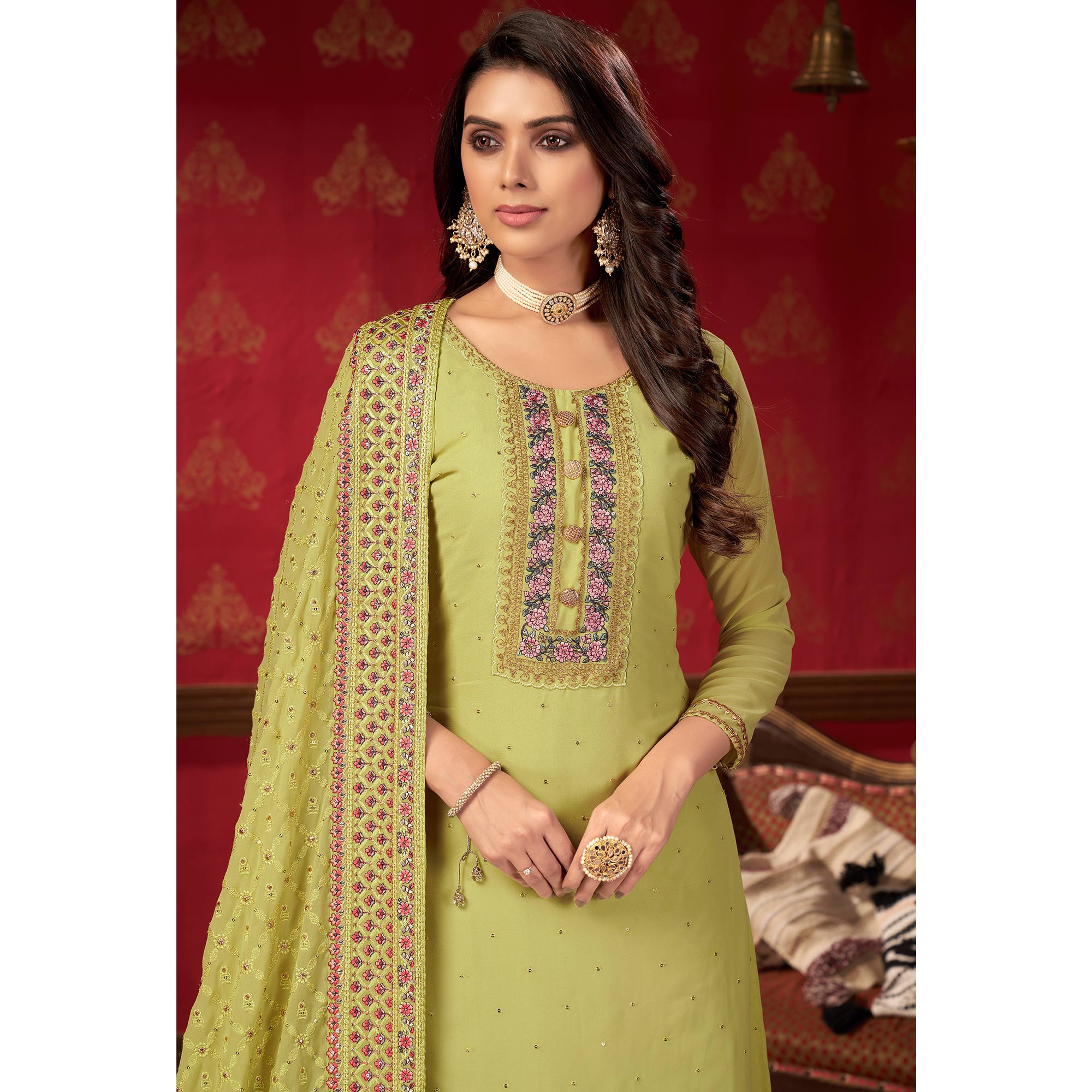 Pista Green Embroidered Georgette Sharara Suit
