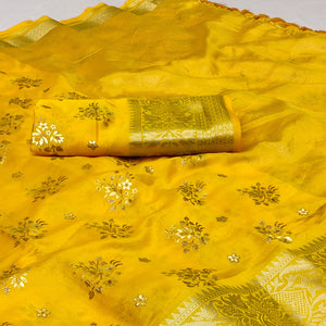 Yellow Woven Organza Saree With Tassels