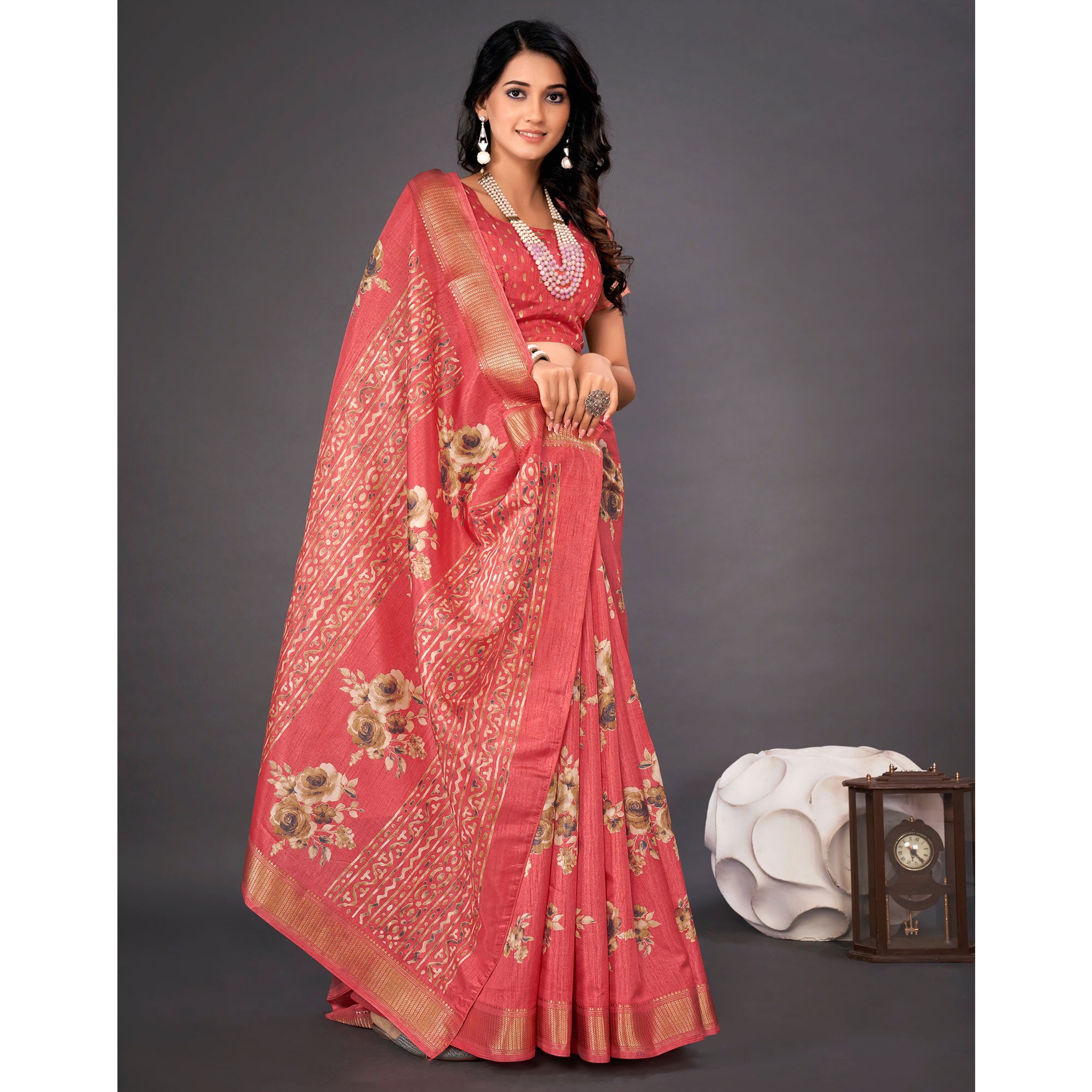 Pink Floral Printed Dola Silk Saree