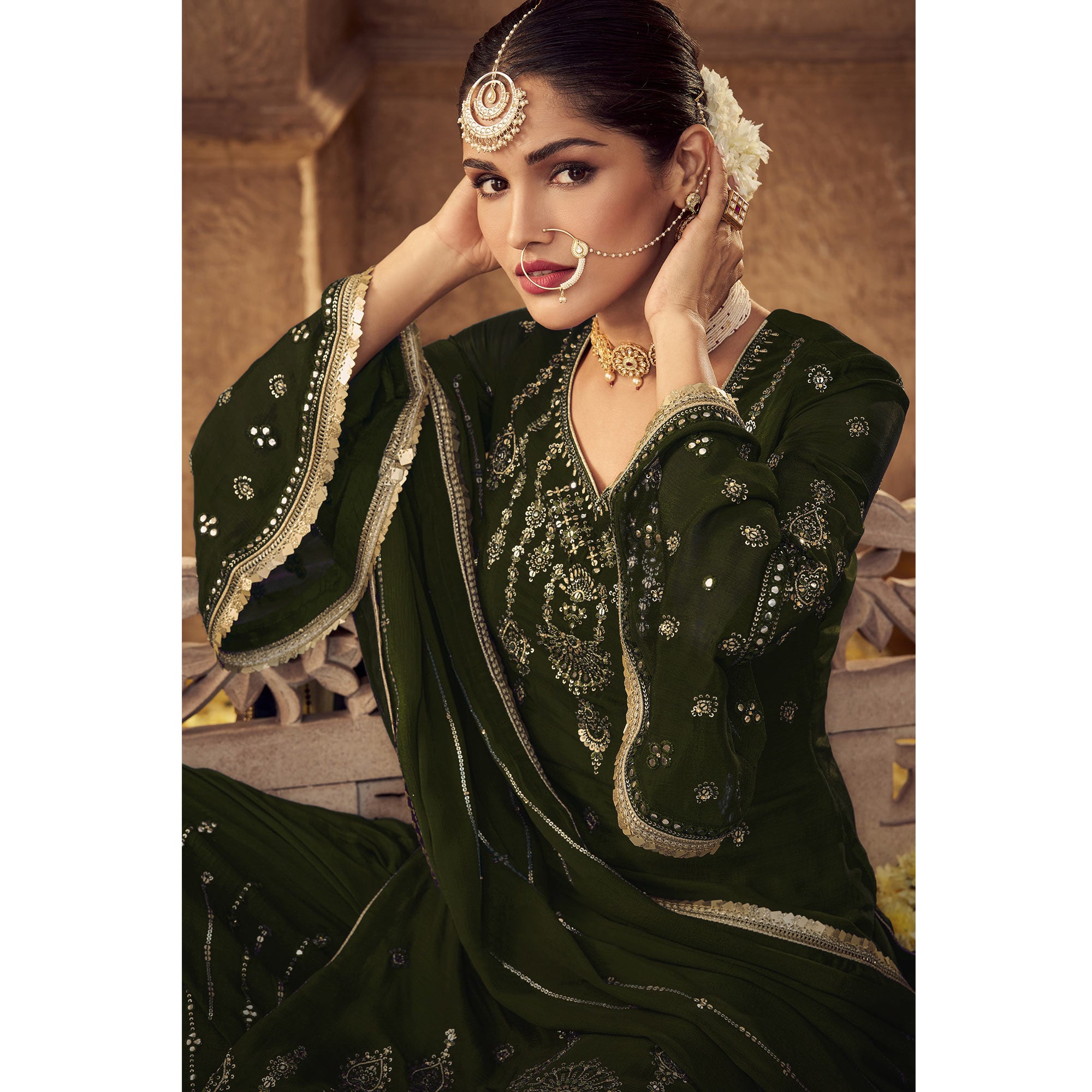 Mehndi Green Sequins Embroidered Georgette Sharara Suit