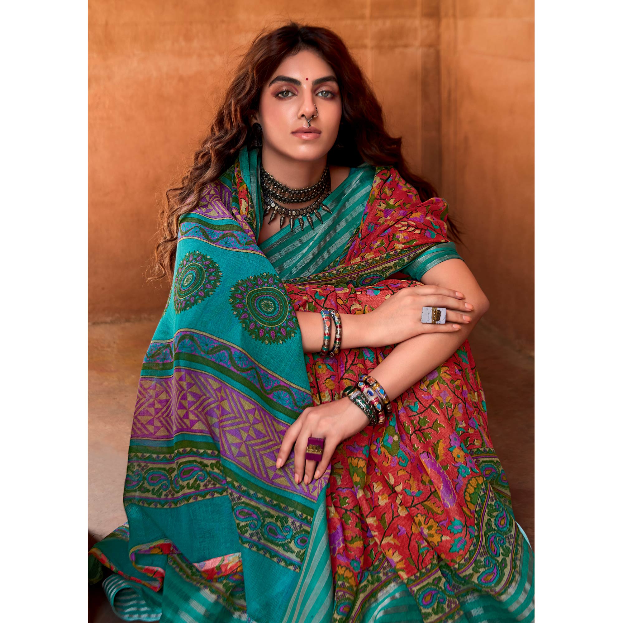 Red Floral Printed Linen Saree