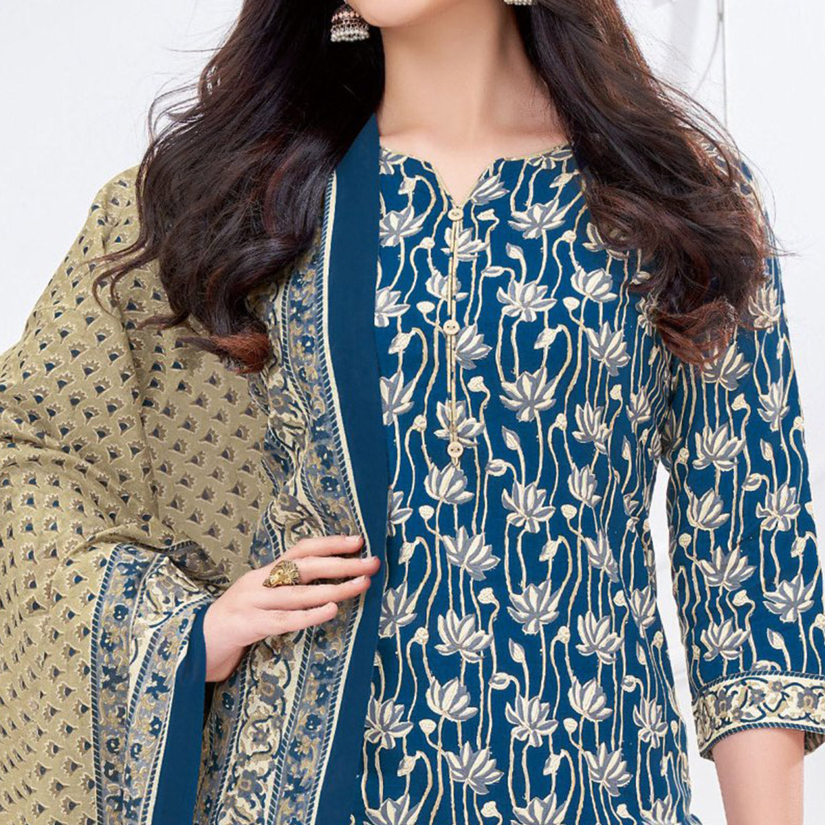 Blue Printed Pure Cotton Suit