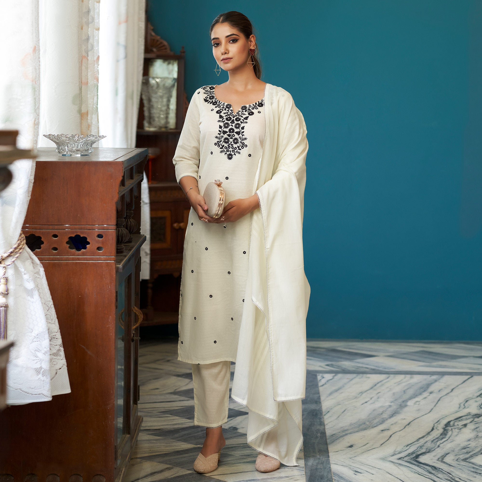 White Floral Embroidered Pure Cotton Suit