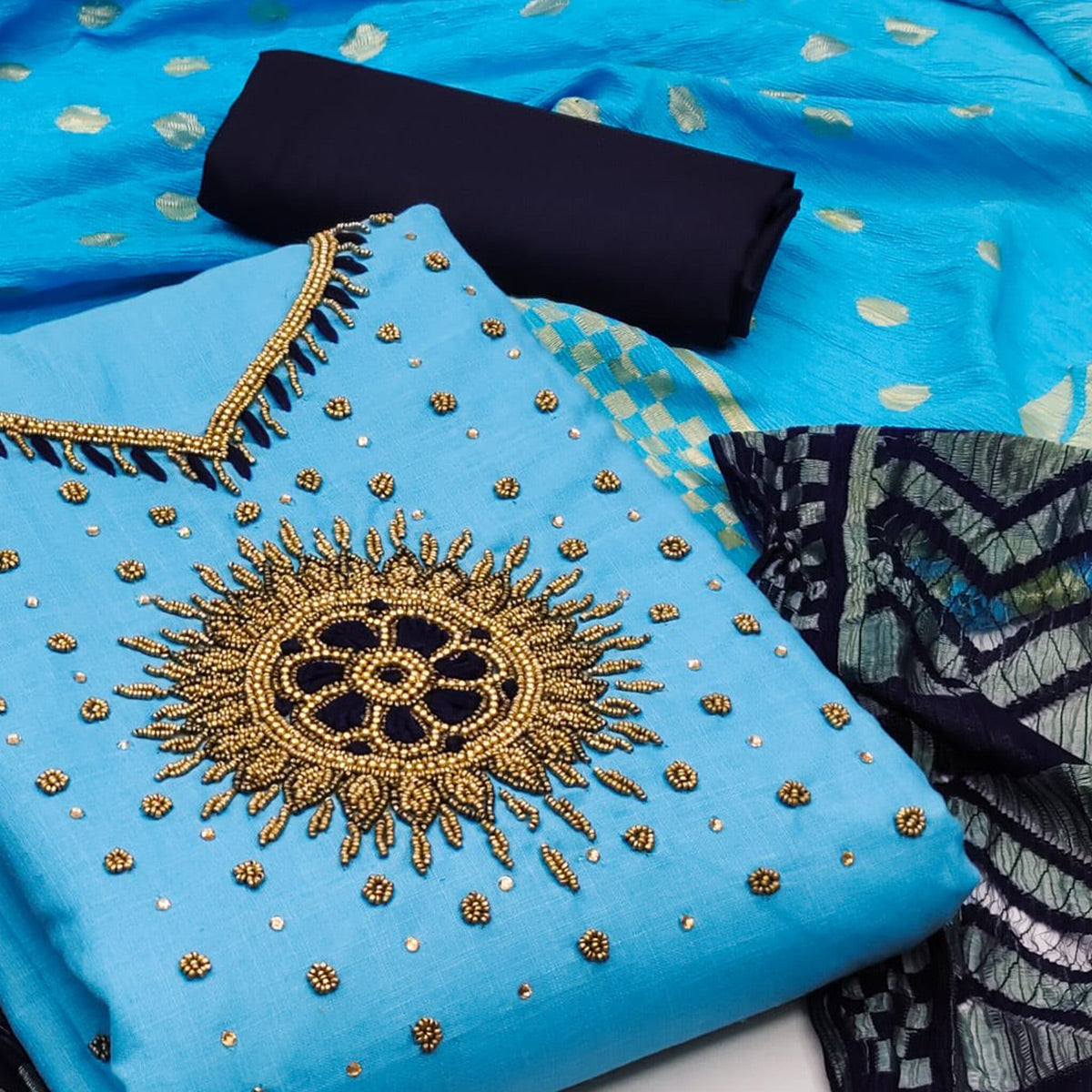 Sky Blue Pearl Handwork Cotton Slub Dress Material