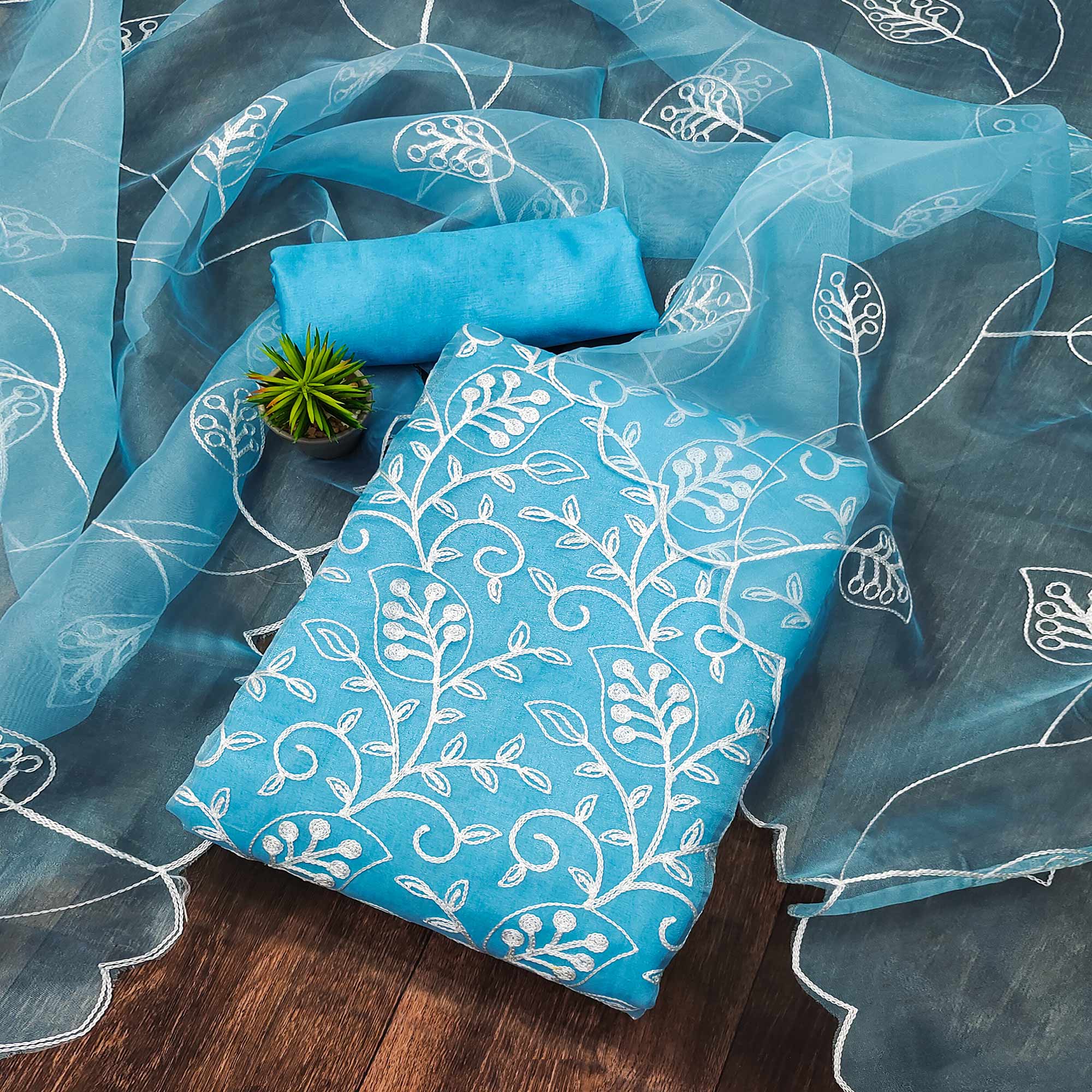 Blue Floral Embroidered Organza Dress Material