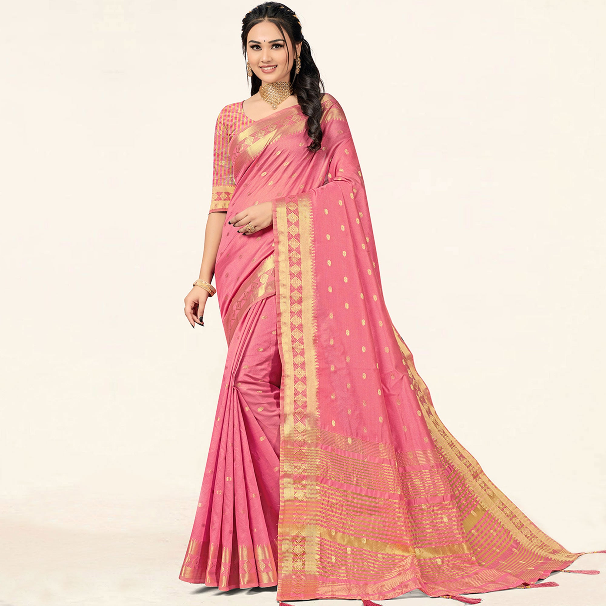 Pink Woven Assam Silk Saree With Tassels