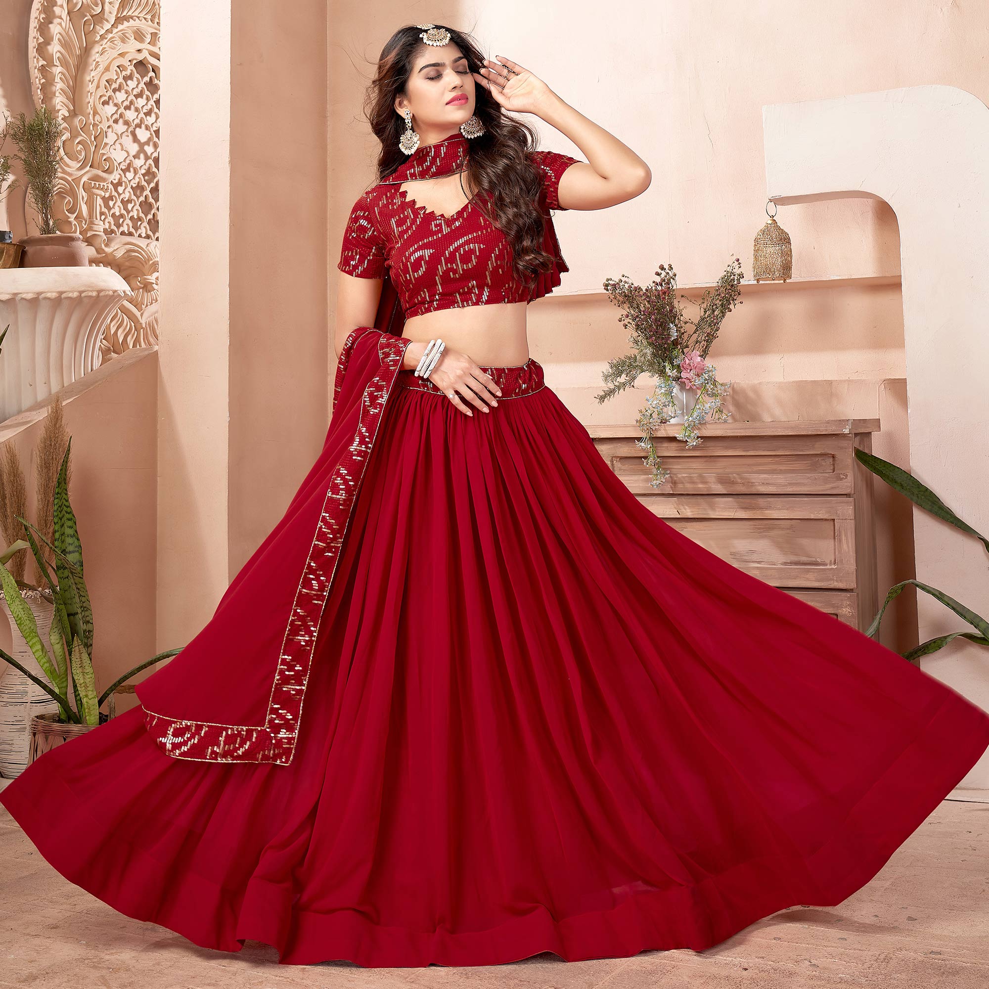Red Sequins Embroidered Georgette Lehenga Choli