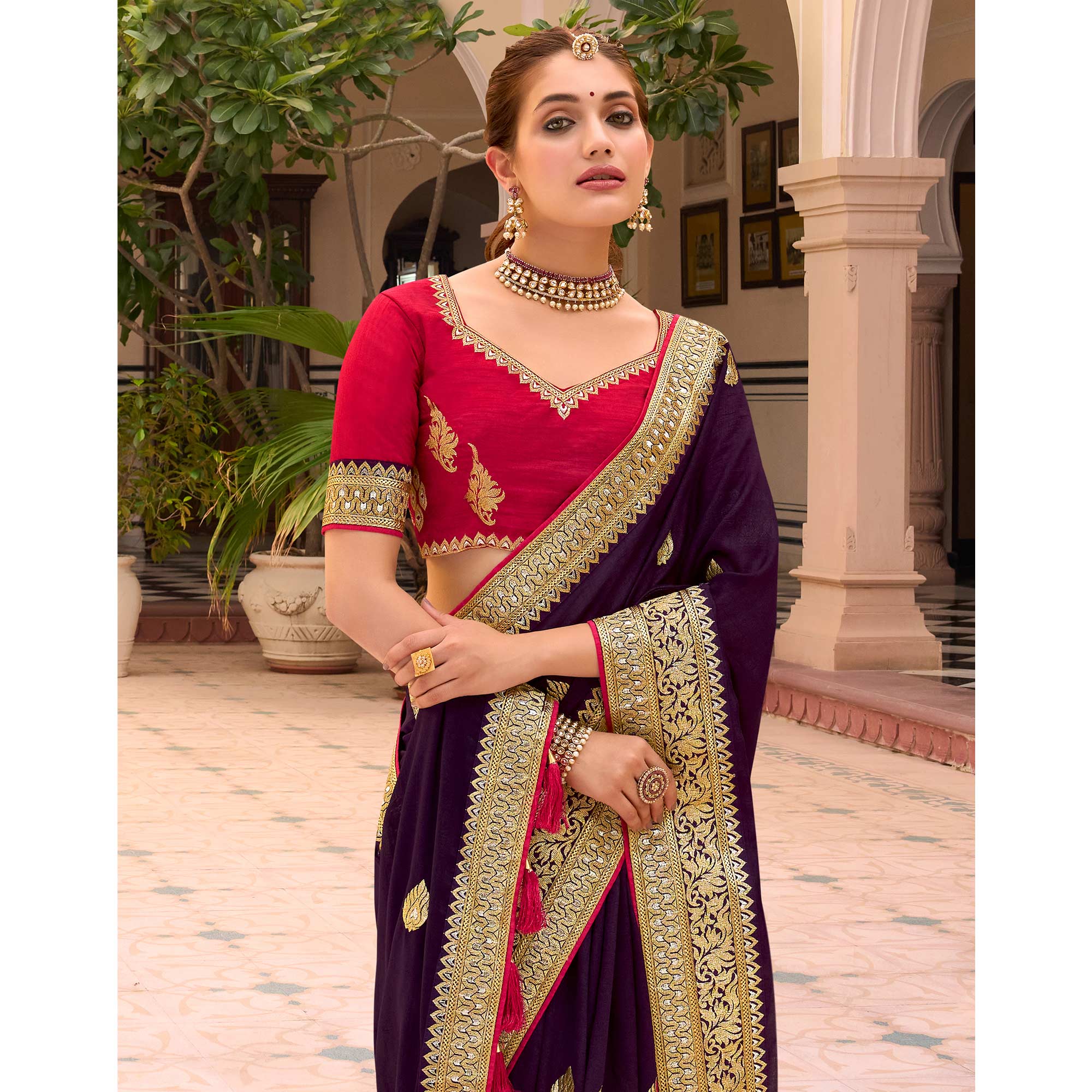 Wine Embroidered Vichitra Silk Saree With With Tassels