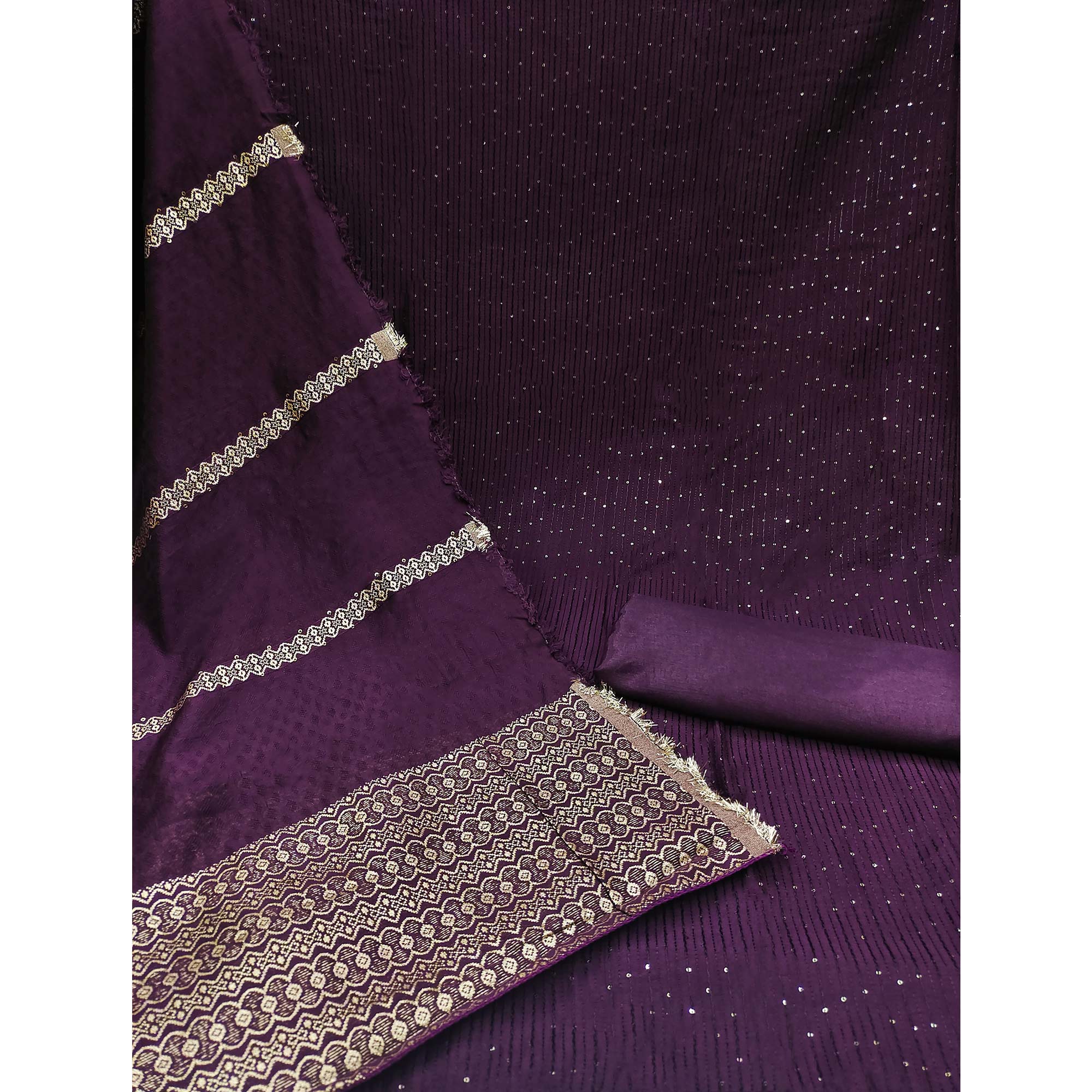 Wine Sequins Embroidered Chanderi Dress Material