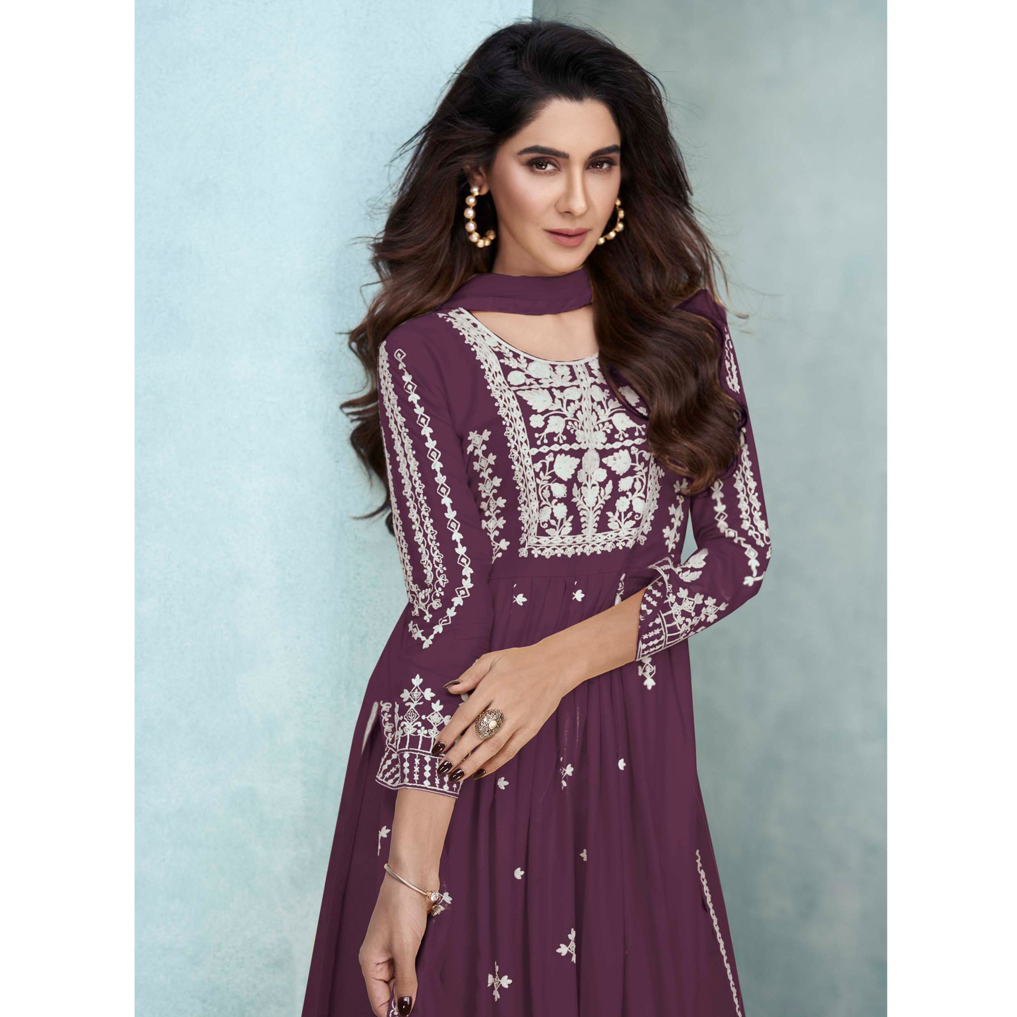 Purple Lucknowi Embroidered Rayon Palazzo Suit