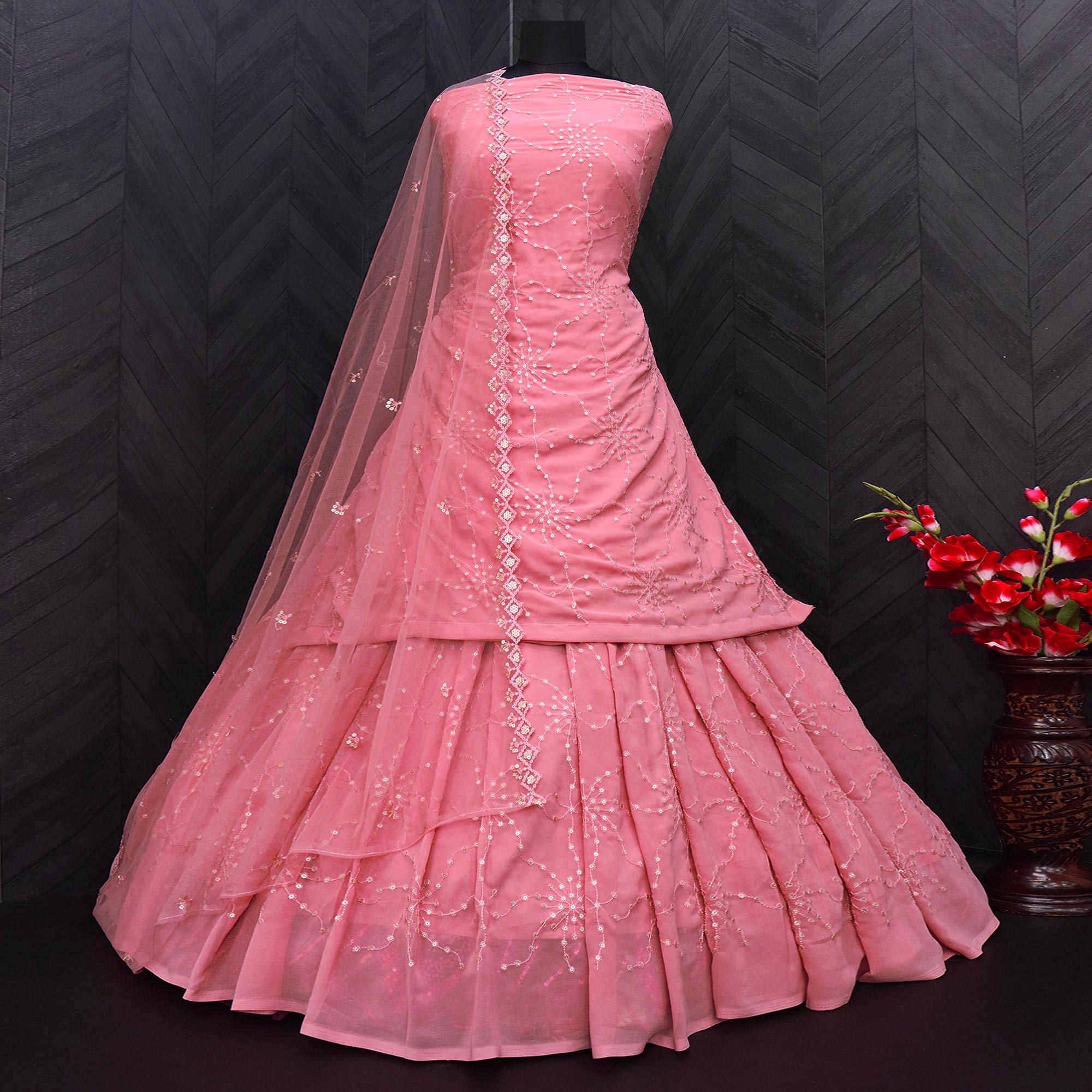 Pink Sequins Embroidered Georgette Semi Stitched Gharara Style Suit