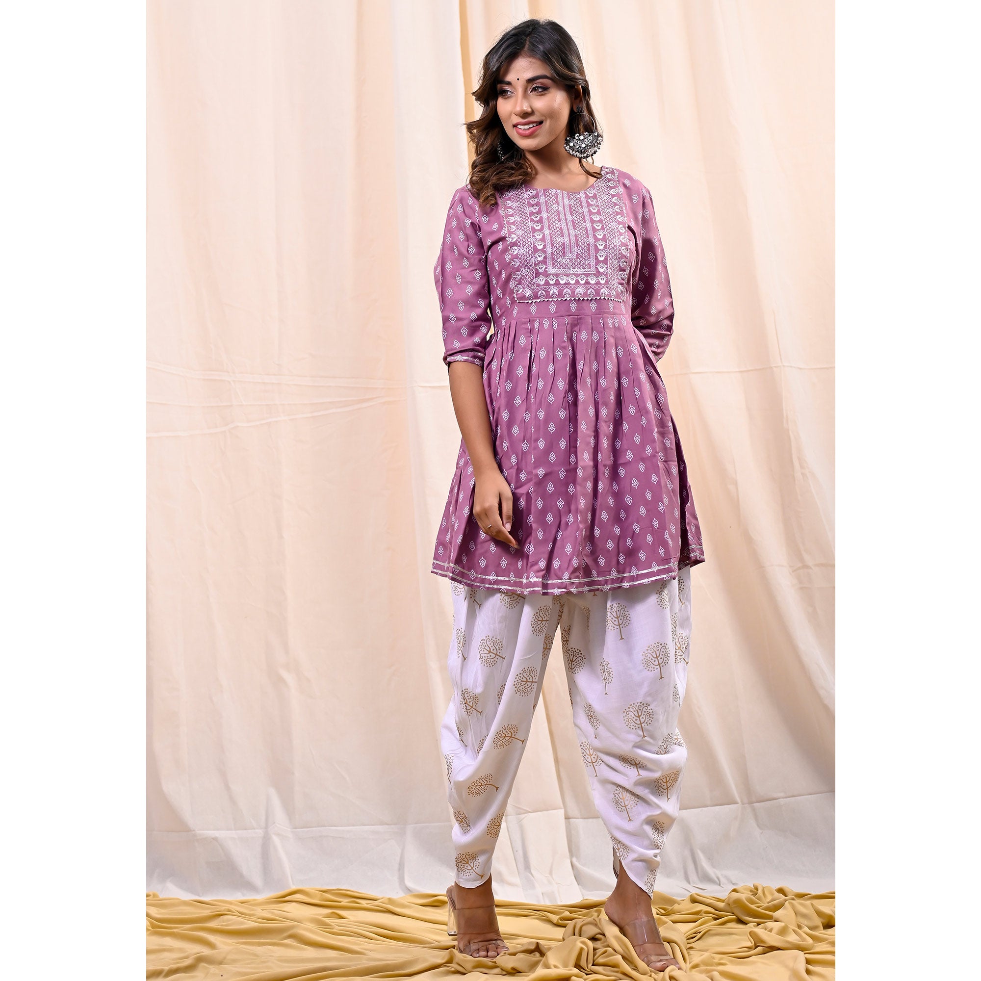 Plum Violet Printed With Embroidered Rayon Kurti With Dhoti Set