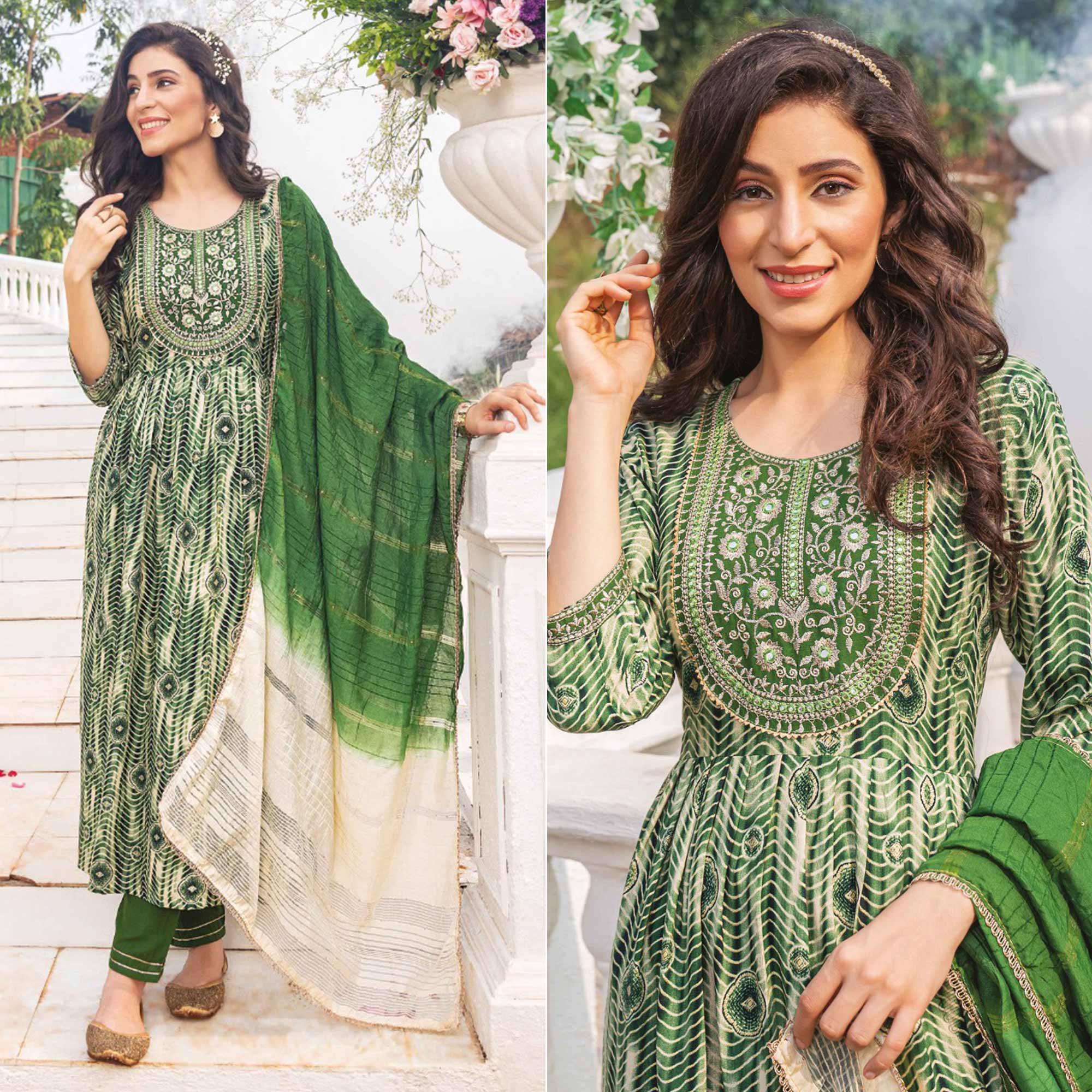 Green Foil Printed Rayon Naira Cut Suit