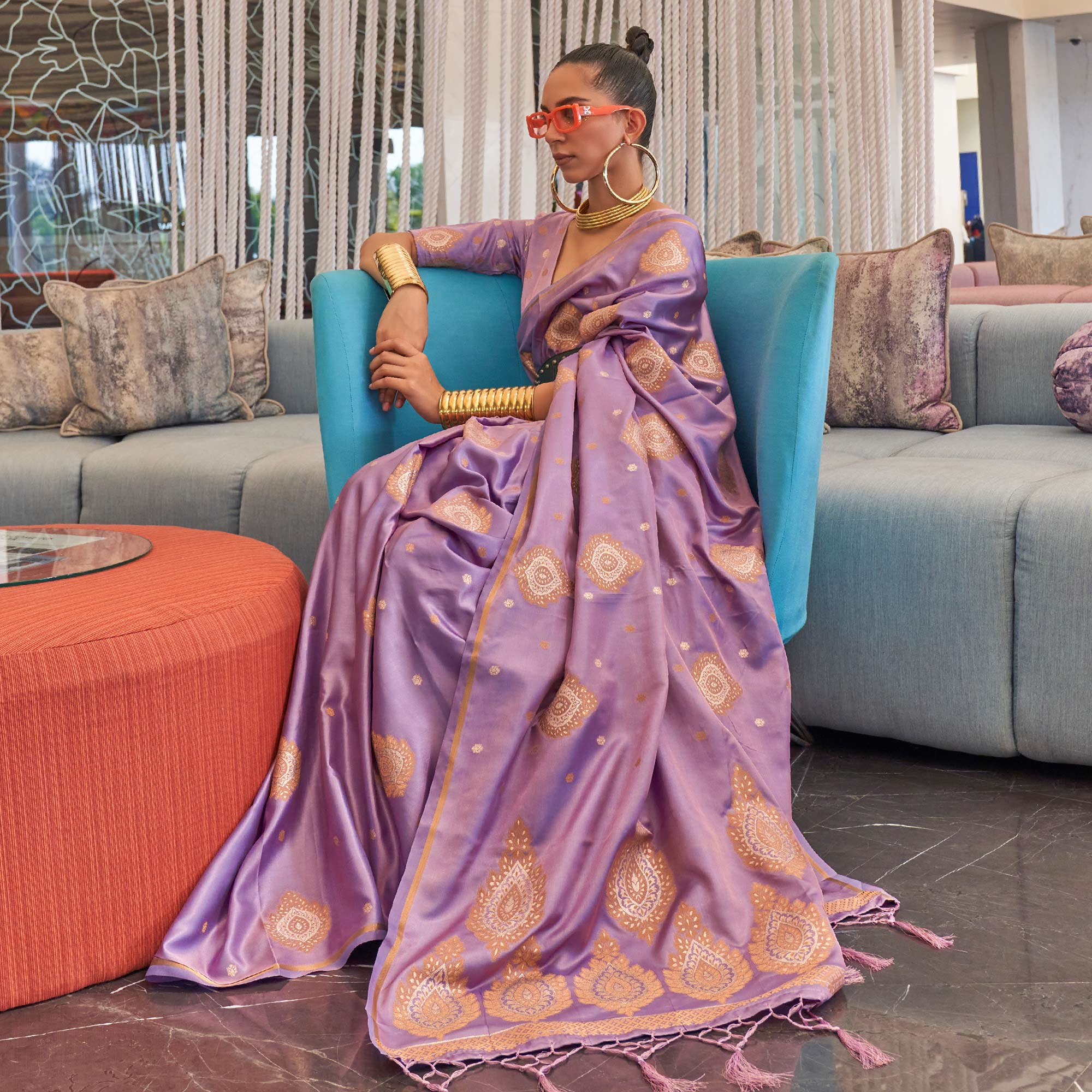 Violet Woven Satin Saree With Tassels