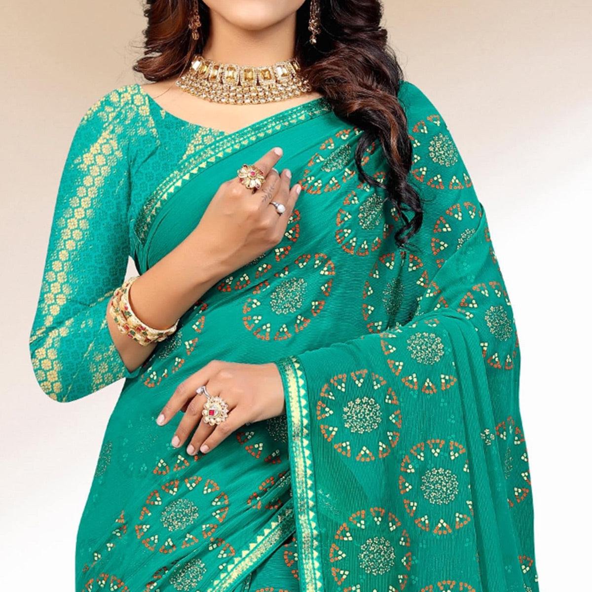 Rama Blue Bandhani Printed Chiffon Saree