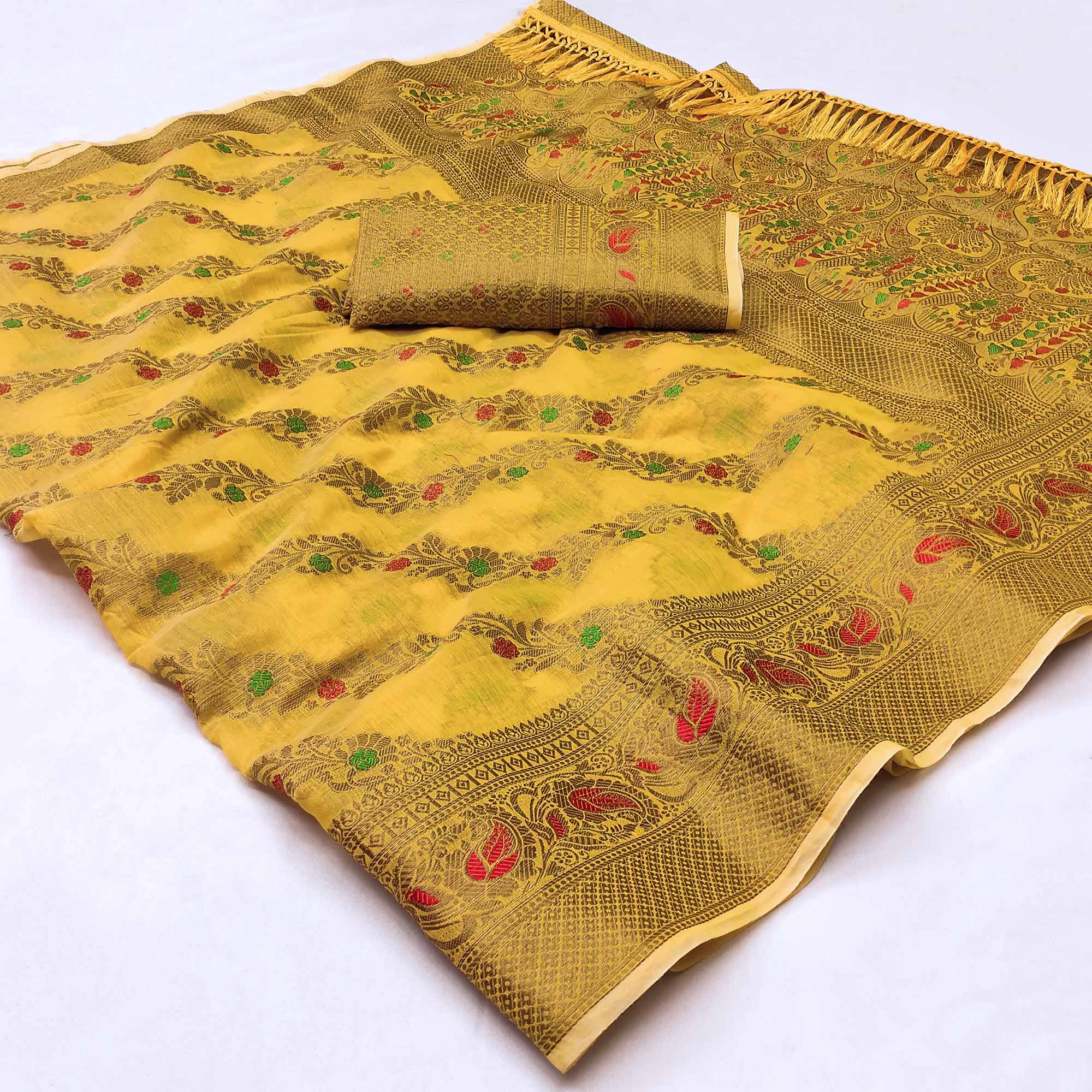 Yellow Woven Cotton Blend Saree With Tassels