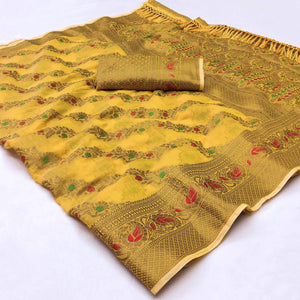 Yellow Woven Cotton Blend Saree With Tassels