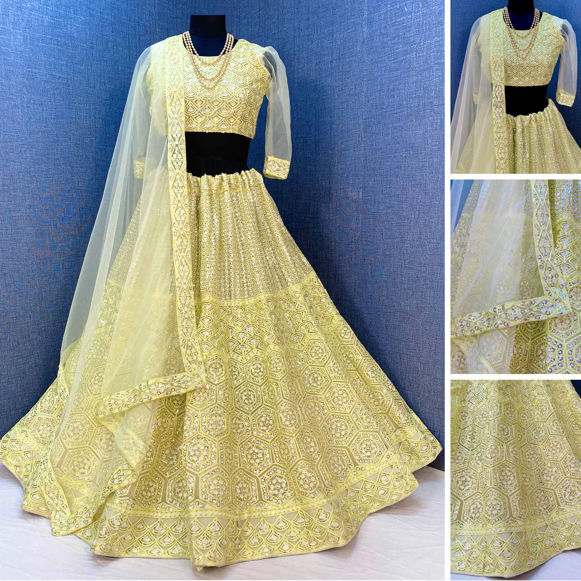 Lemon Yellow Sequins Embroidered Netted Lehenga Choli