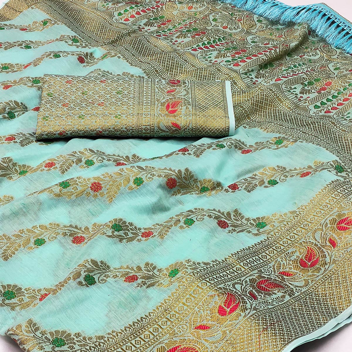 Blue Woven Cotton Blend Saree With Tassels