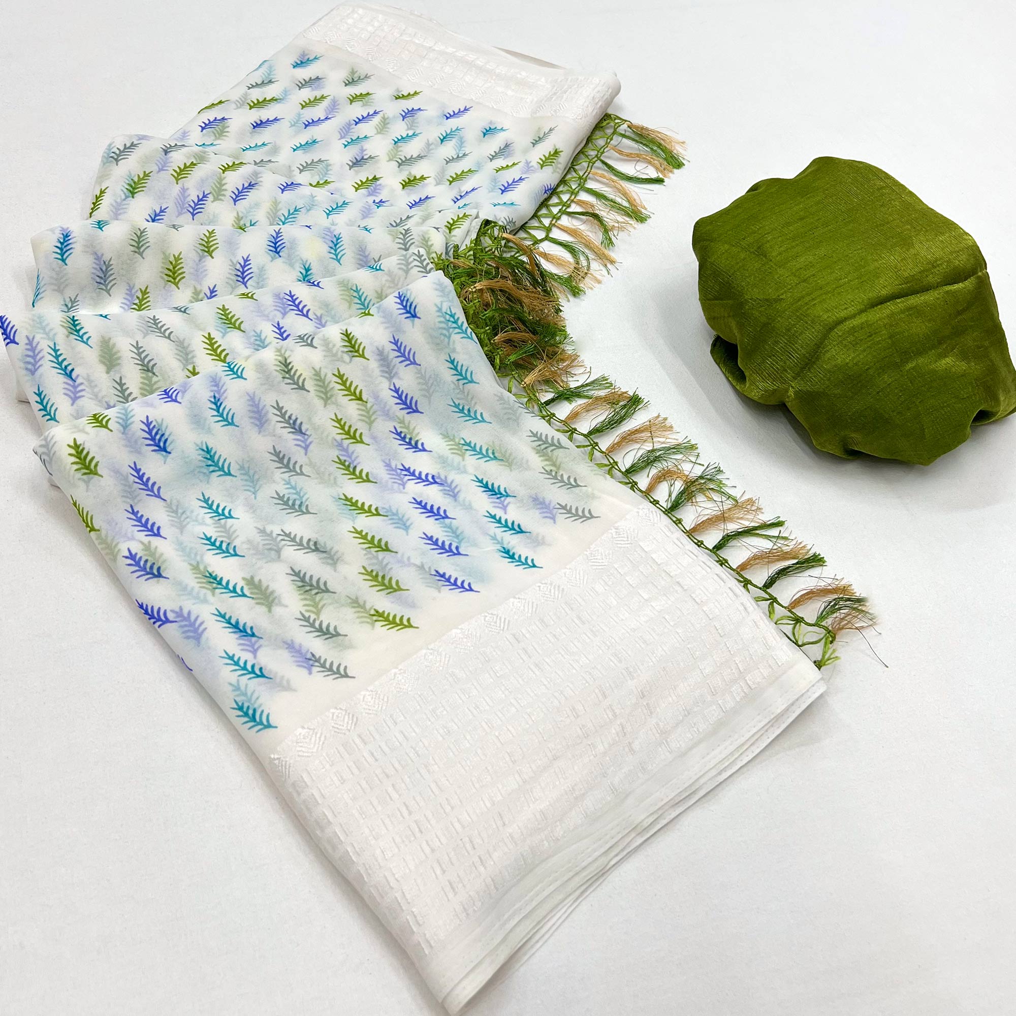 White Printed With Checks Border Georgette Saree