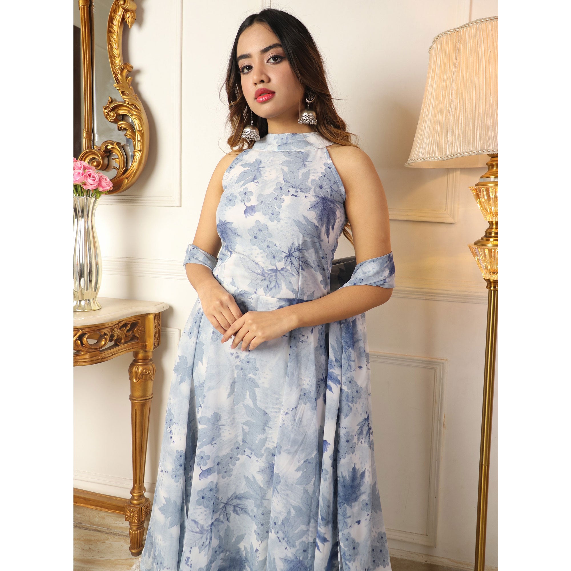 Blue Floral Printed Georgette Anarkali Suit