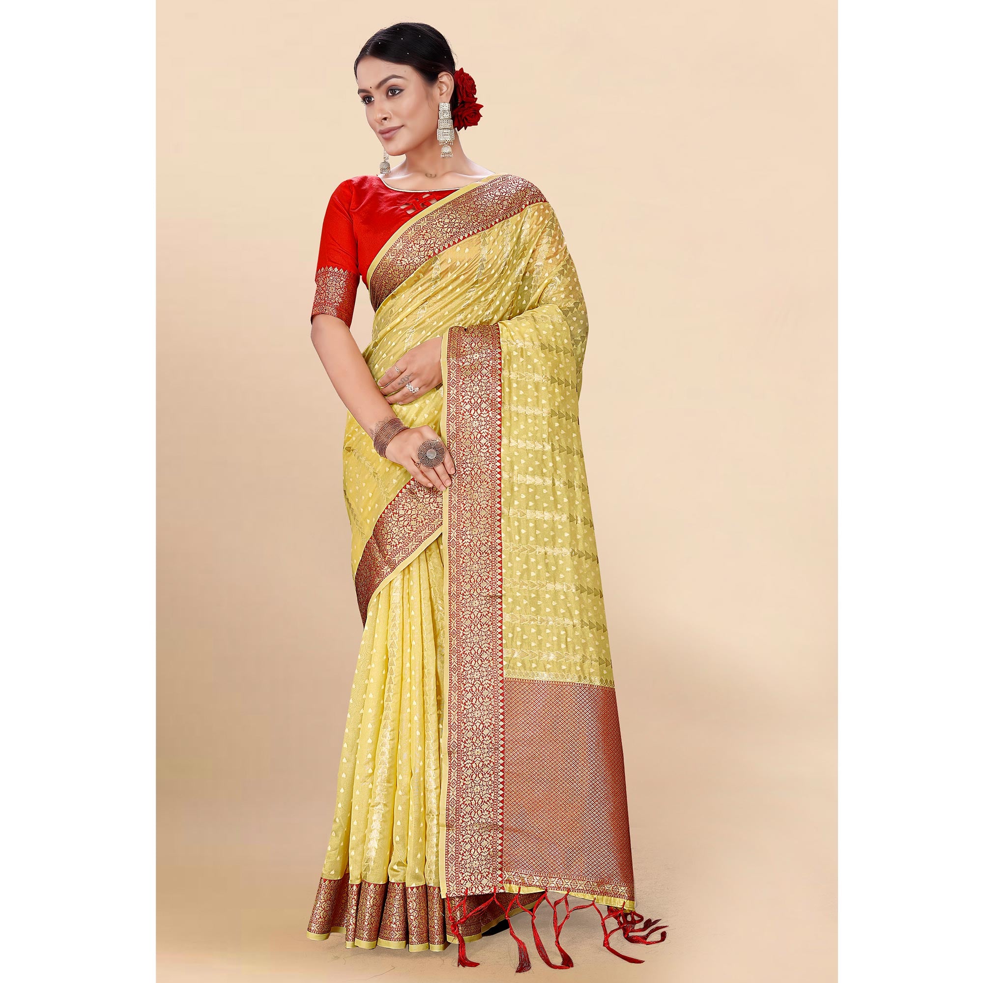 Yellow Woven Organza Saree With Tassels