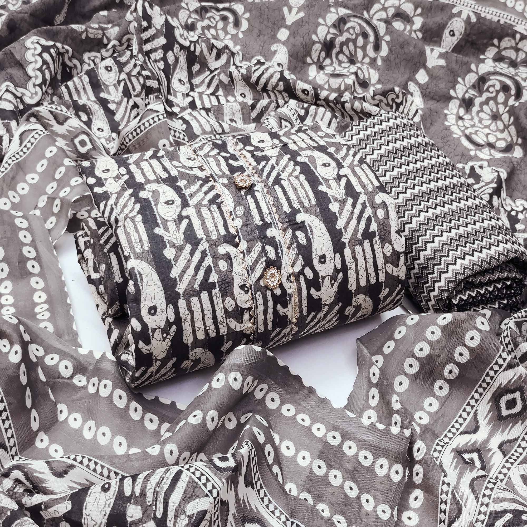 Grey Printed Cotton Blend Dress Material