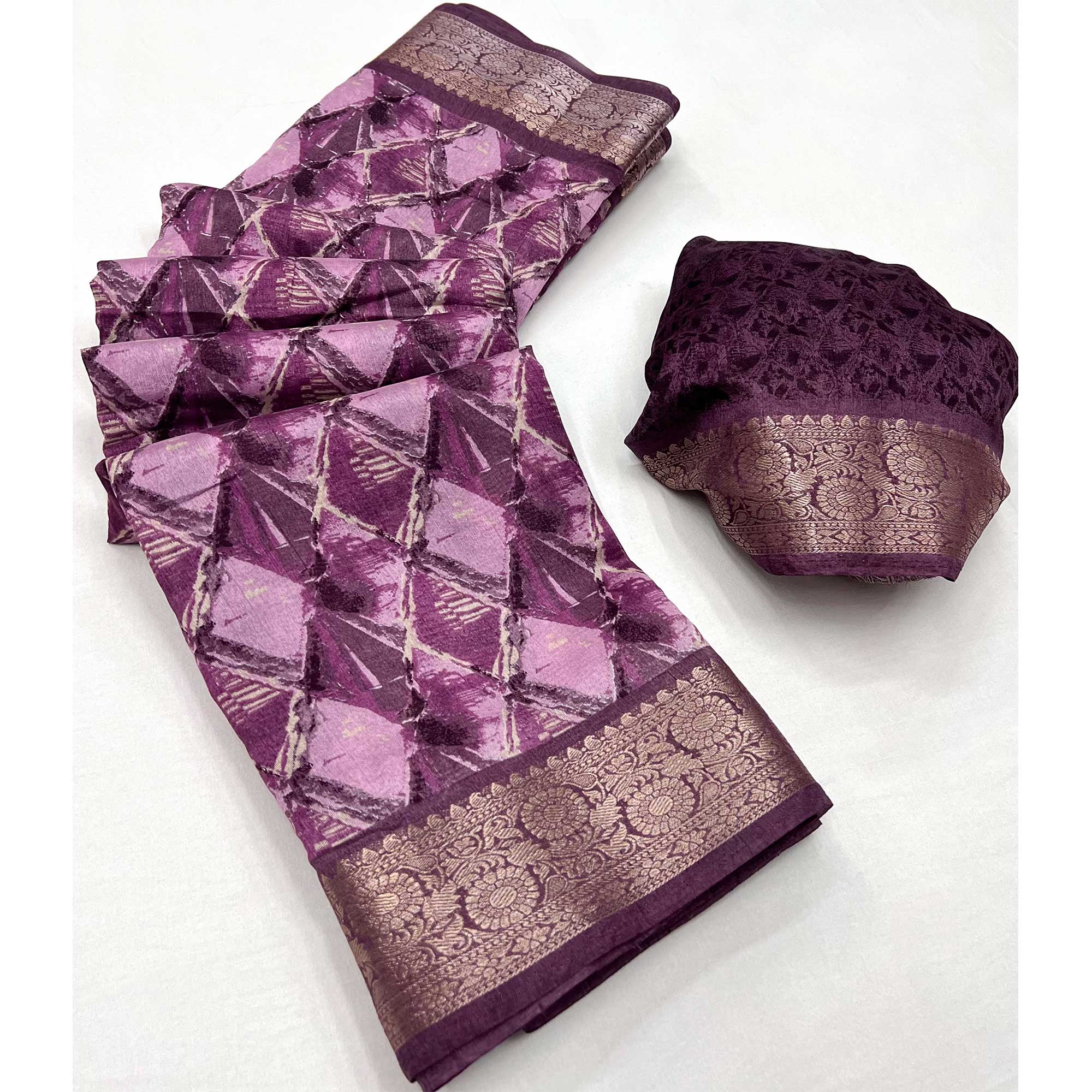 Purple Floral Printed With Woven Dola Silk Saree