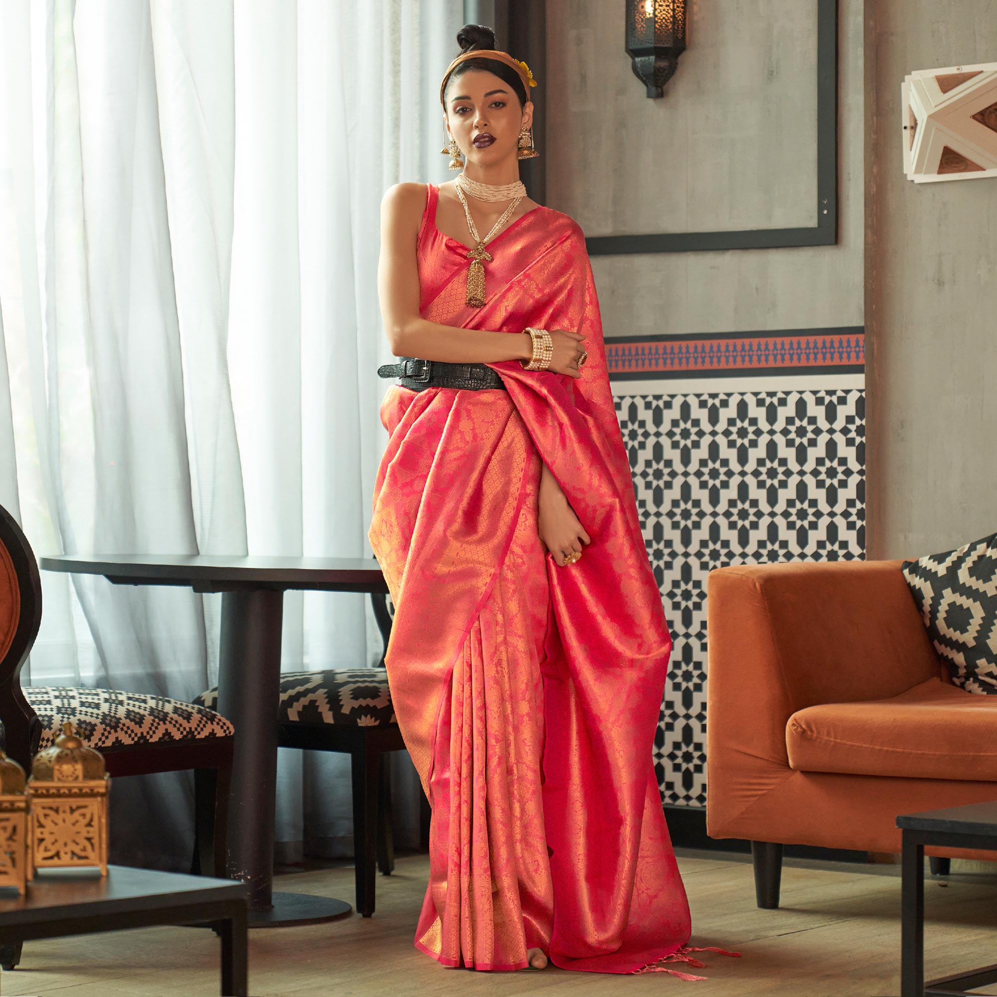 Pink Woven Art Silk Saree With Tassels