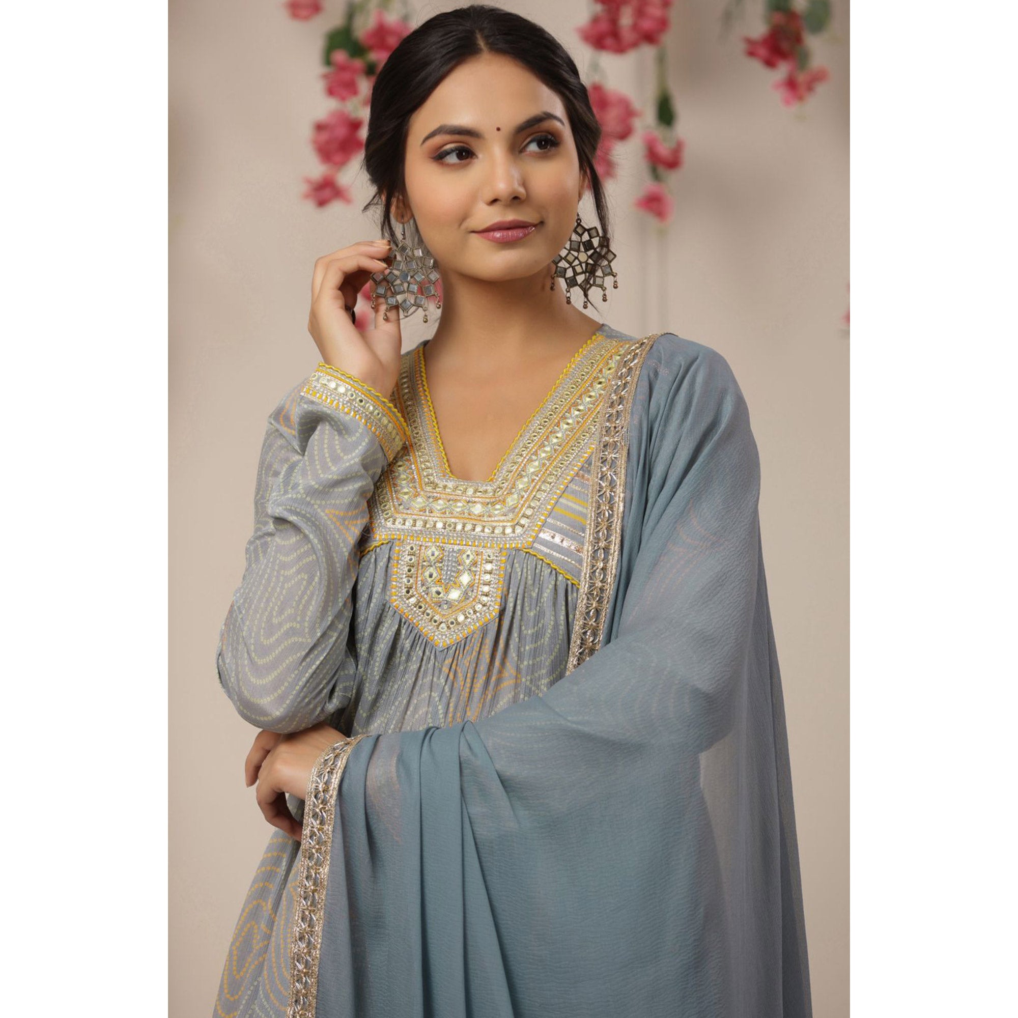 Grey Printed With Embroidered Chiffon Sharara Suit