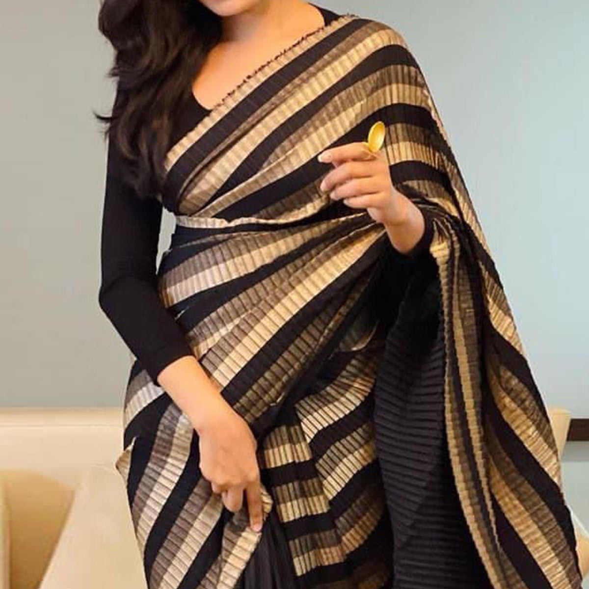 Black Striped Printed Georgette Half & Half Saree