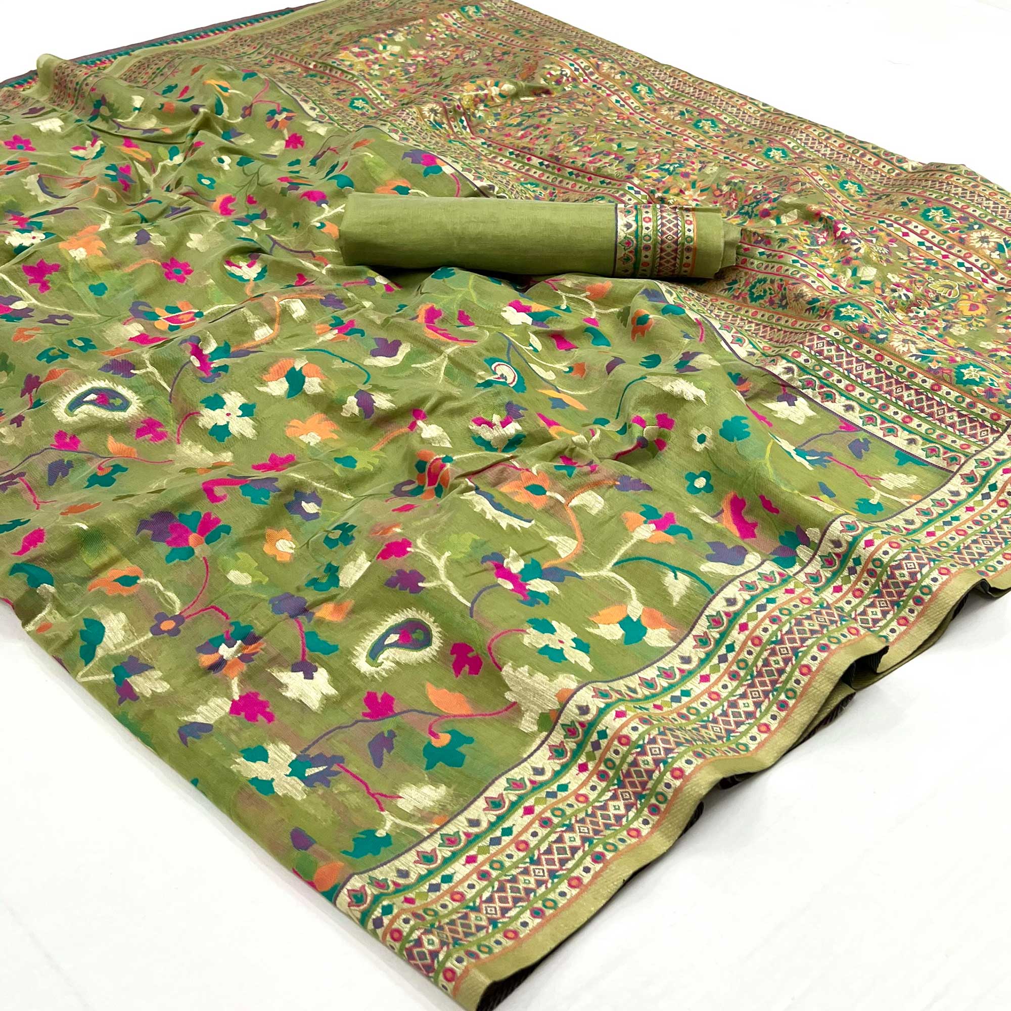 Pista Green Floral Woven Pashmina Saree