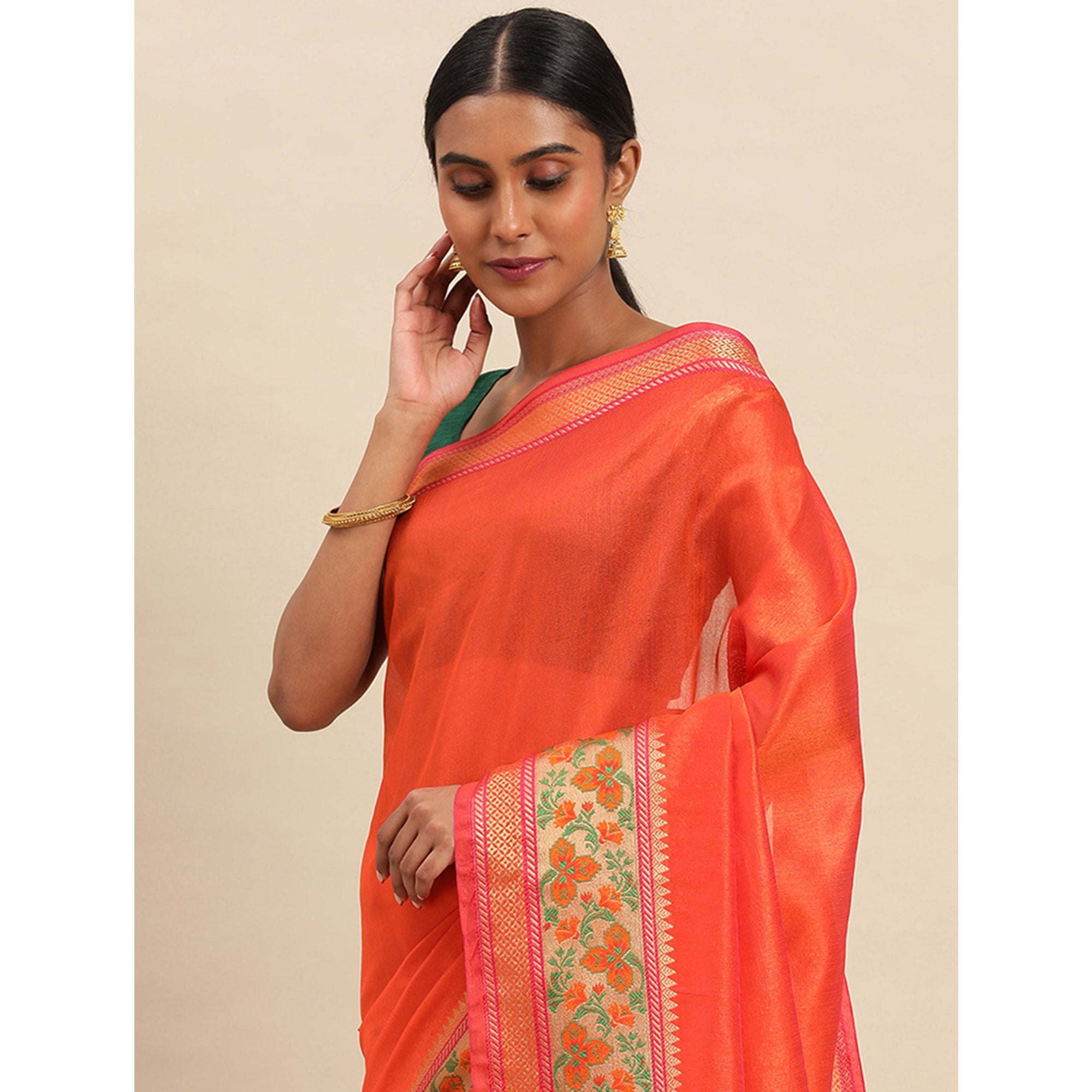 Orange Woven Cotton Silk Saree
