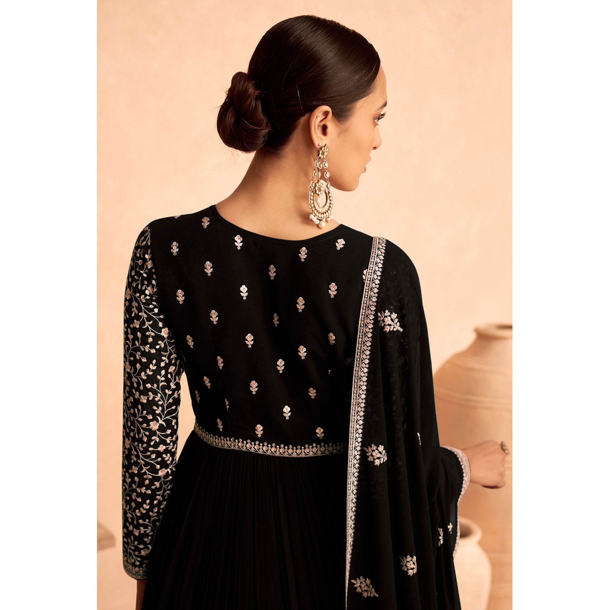 Black Floral Sequins Embroidered Georgette Semi Stitched Anarkali Suit