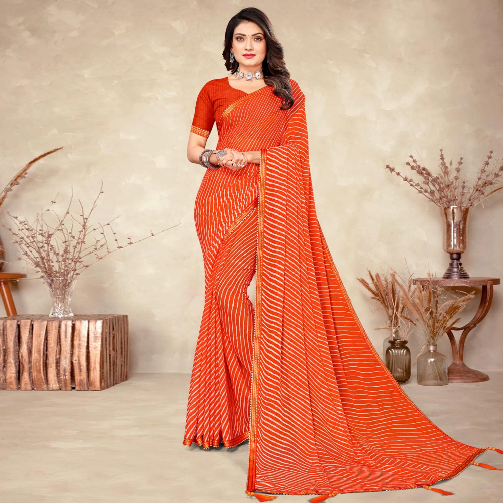 Orange Striped Printed Chiffon Saree