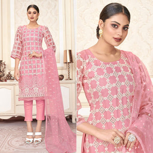 Pink Sequins Embroidered Net Semi Stitched Suit