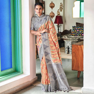 Beige Digital Printed Raw Silk Saree With Tassels