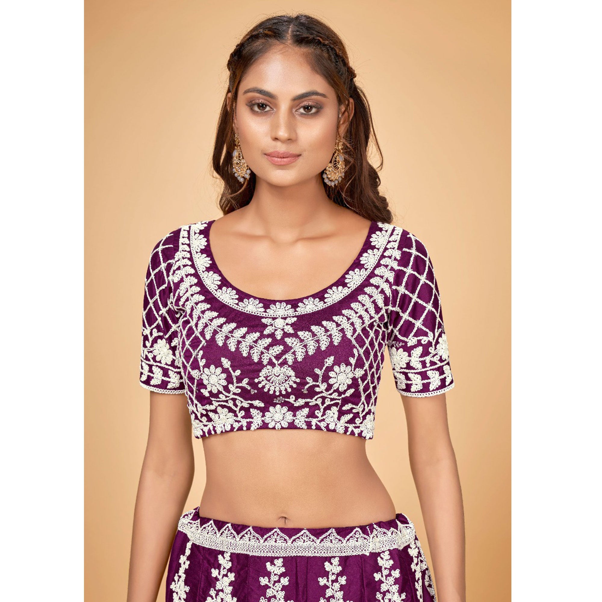 Purple Floral Embroidered Chiffon Lehenga Choli