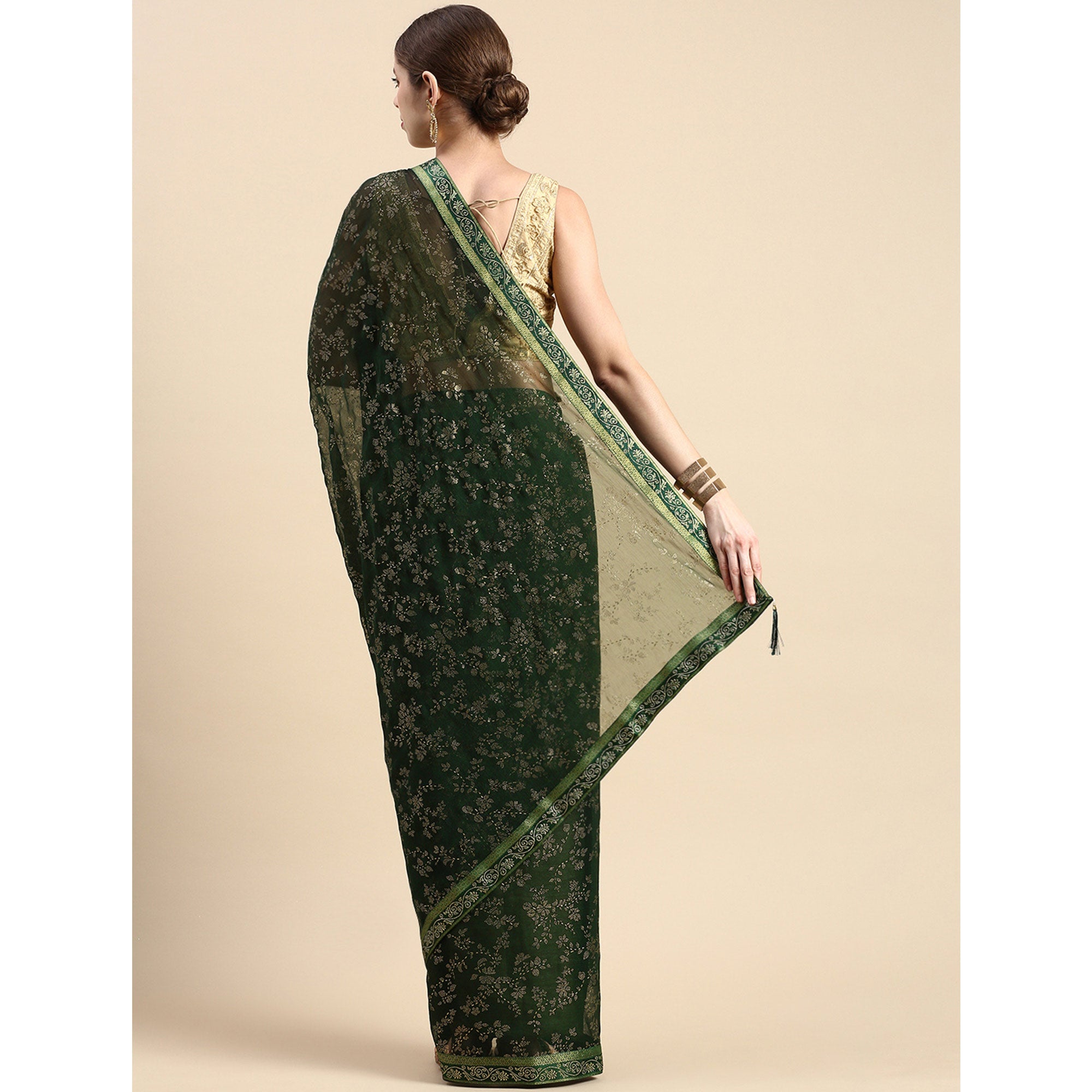 Green Floral Foil Printed Shimmer Saree