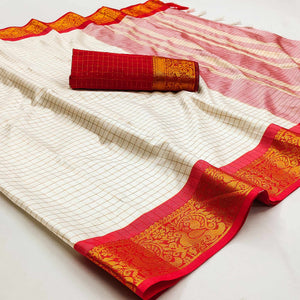 Cream And Red Woven Cotton Silk Saree With Tassels