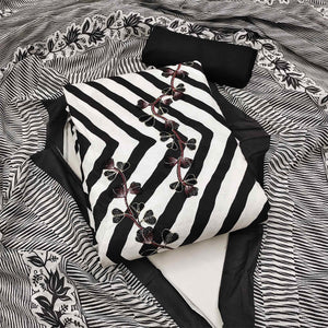 White & Black Printed With Embroidered Pure Cotton Dress Material