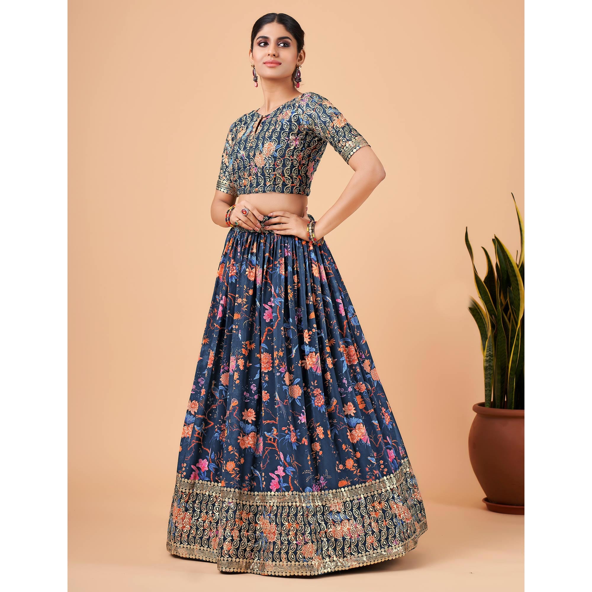 Blue Floral Printed And Sequins Work Georgette Lehenga Choli