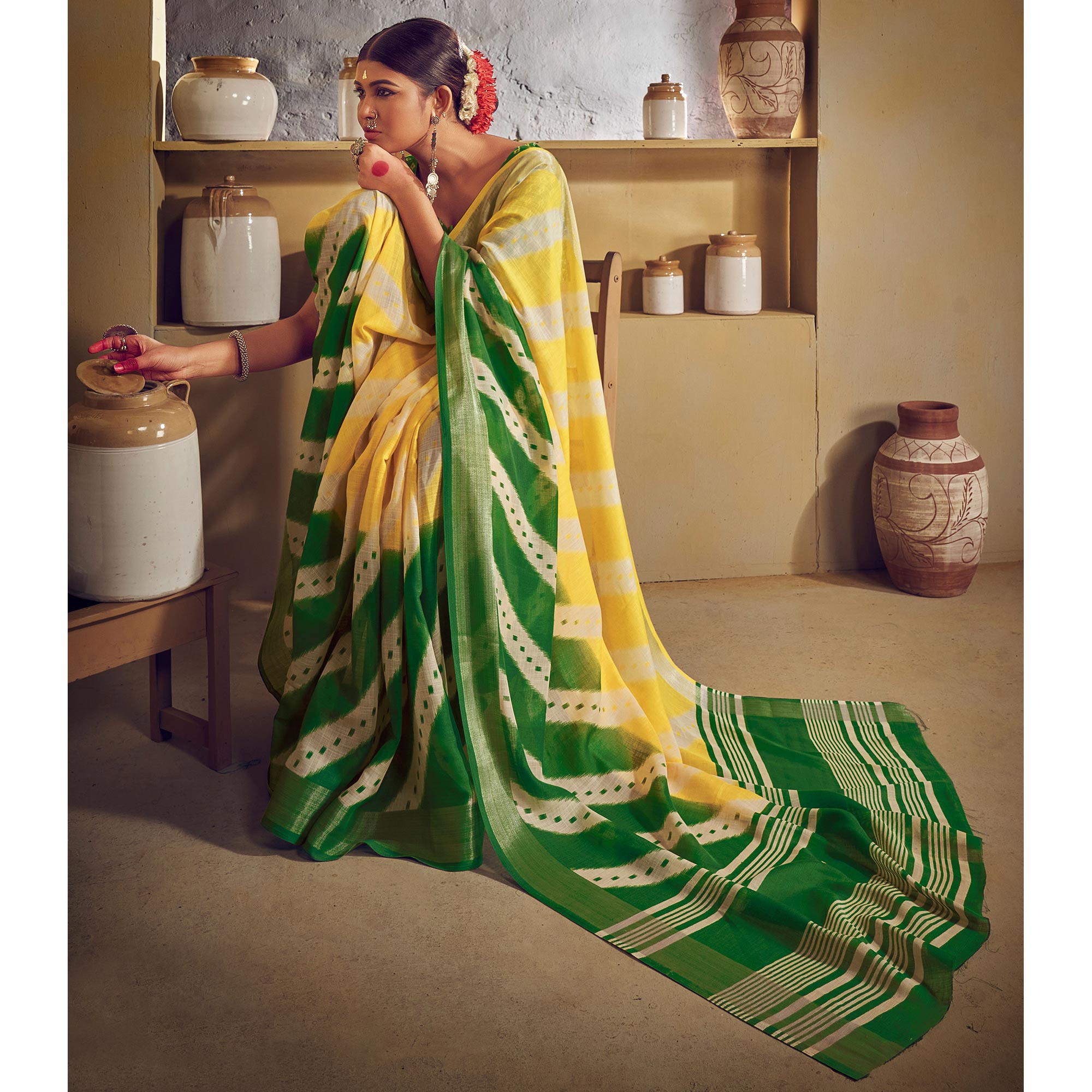 Yellow & Green Printed With Zari Border Linen Saree