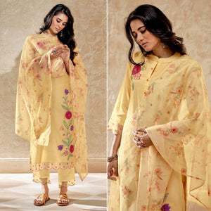 Light Yellow Floral Embroidered Viscose Suit