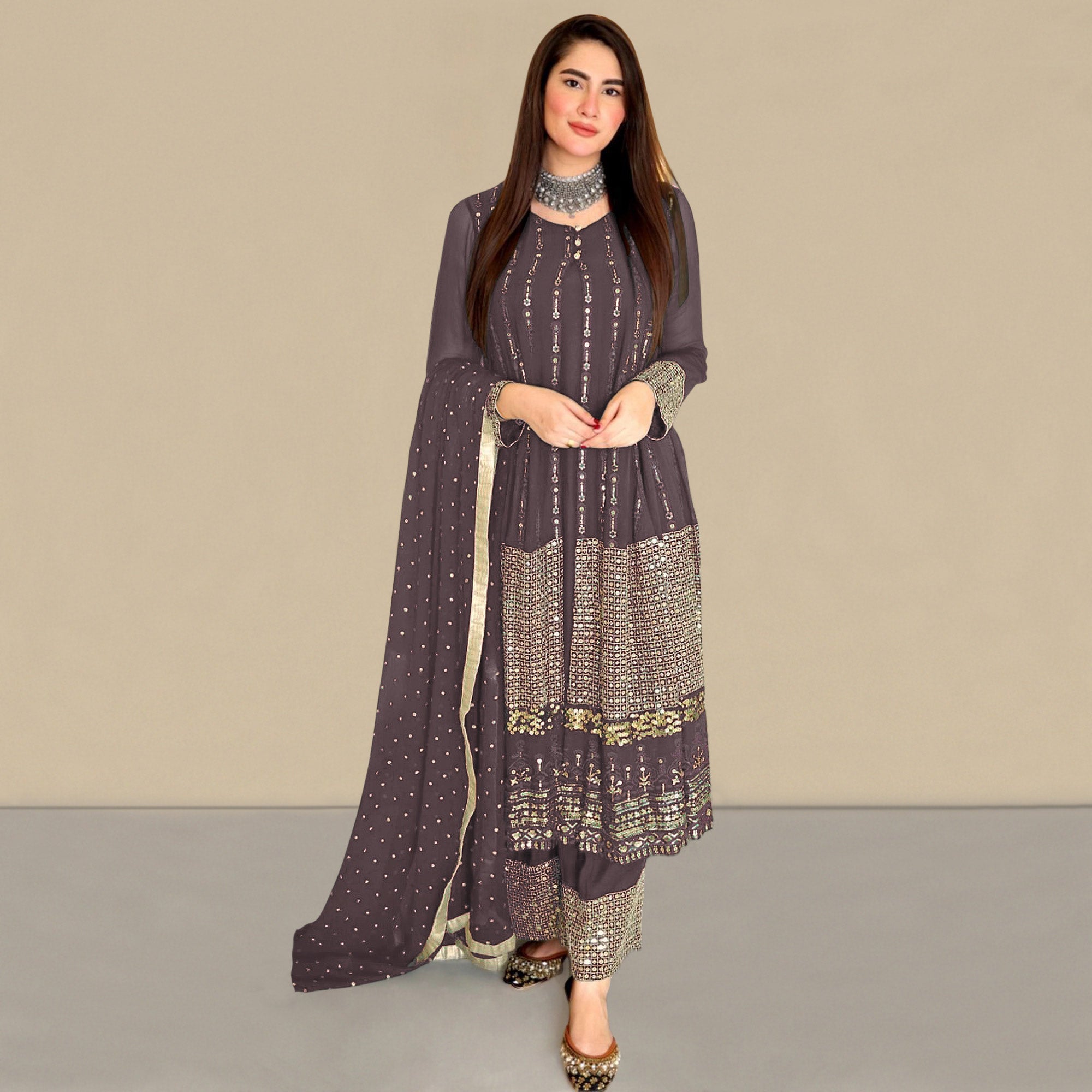 Brown Sequins Embroidered Georgette Pakistani Suit