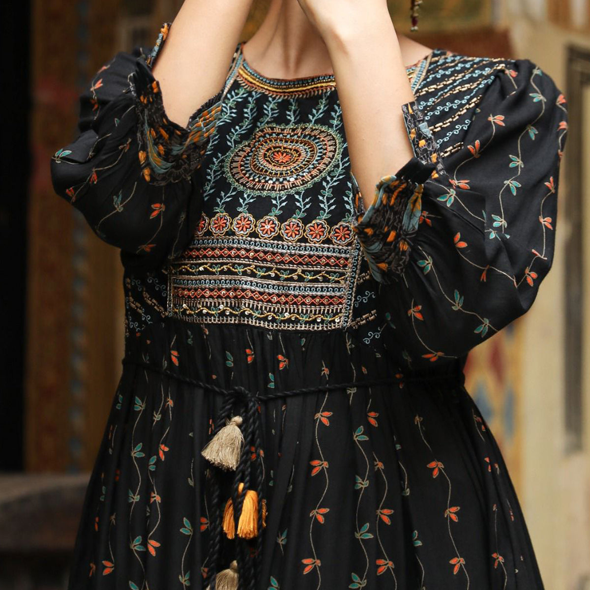 Black Floral Printed With Gota Patti Work Rayon Gown