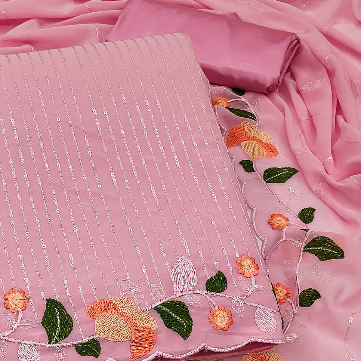 Pink Sequins Embroidered Georgette Dress Material