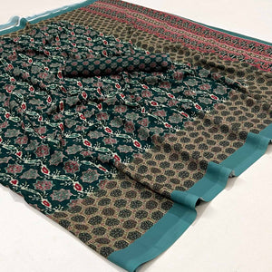 Rama Green Floral Digital Printed Georgette Saree